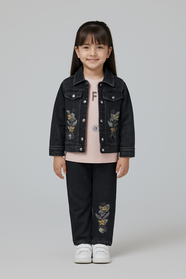 Girls' Floral Embroidered Denim Jacket and Jeans Set with T-Shirt