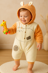 Baby Hooded Romper with Bear Print & Ear Detail