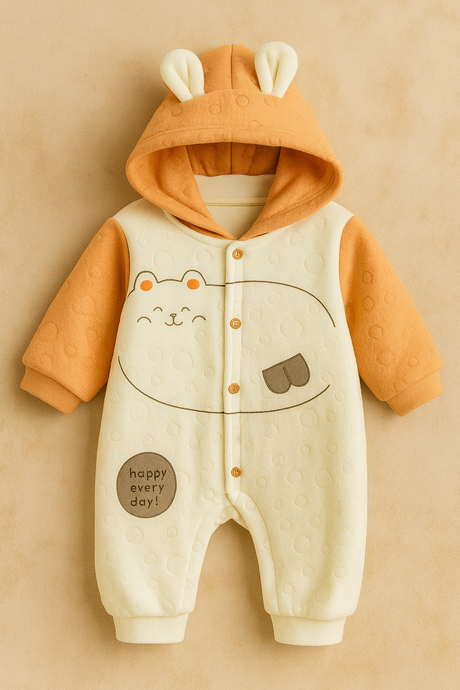 Baby Hooded Romper with Bear Print & Ear Detail