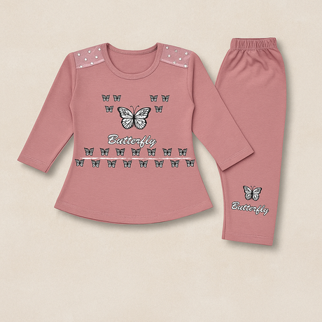 Girls Casual Wear Set with Butterfly Print Top & Bottoms