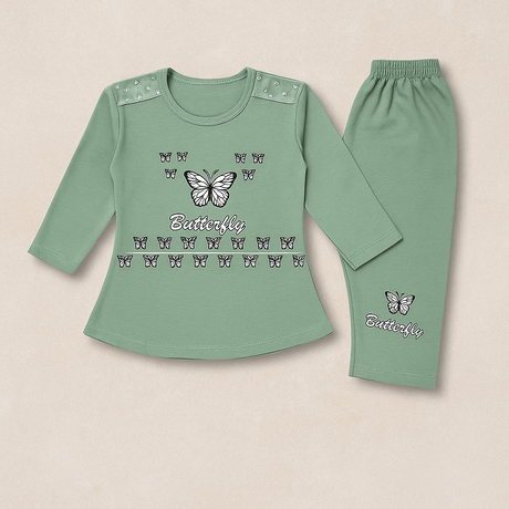 Girls Casual Wear Set with Butterfly Print Top & Bottoms
