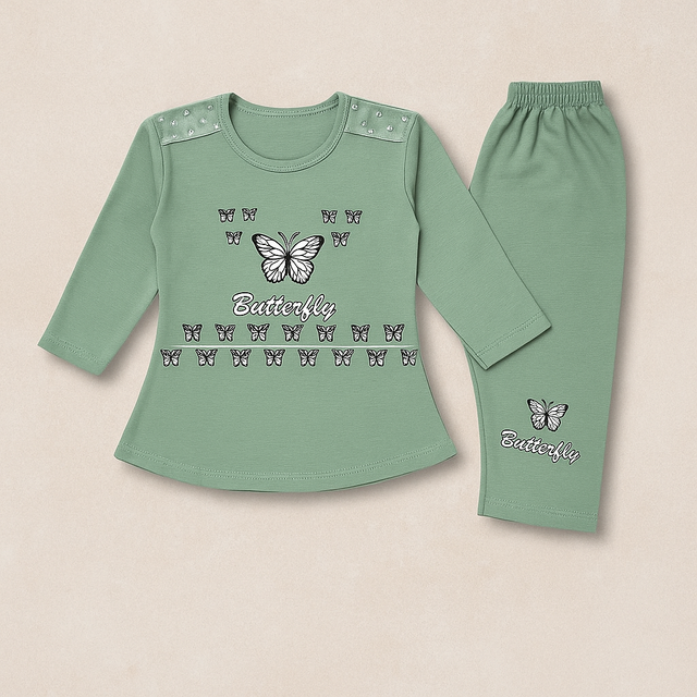 Girls Casual Wear Set with Butterfly Print Top & Bottoms