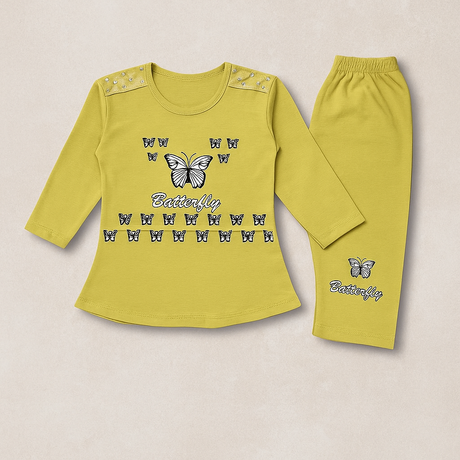 Girls Casual Wear Set with Butterfly Print Top & Bottoms