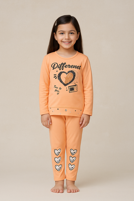 Girls Casual Wear Set with Heart Print Graphic Top
