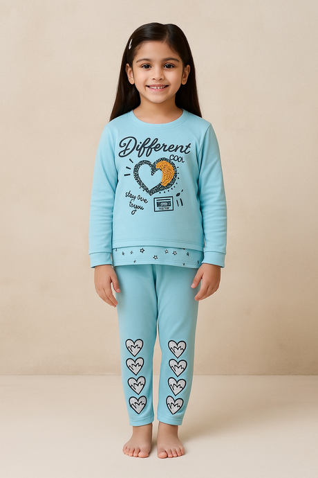 Girls Casual Wear Set with Heart Print Graphic Top