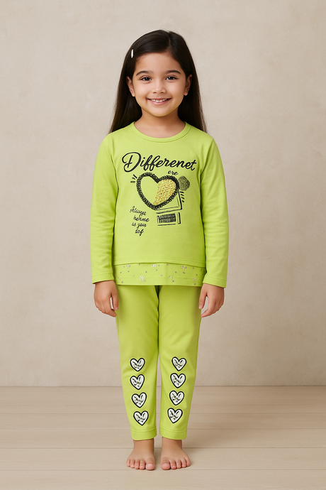 Girls Casual Wear Set with Heart Print Graphic Top