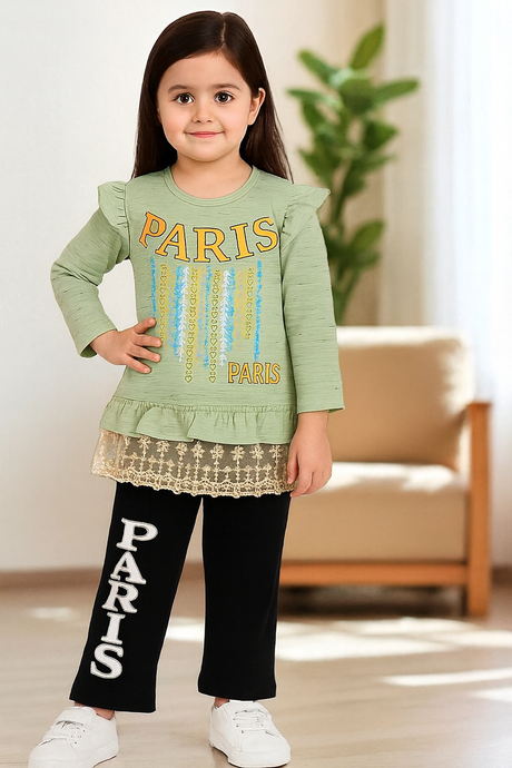 Girls' Paris-Themed Ruffle Top and Pants Set in Soft Slub Jersey