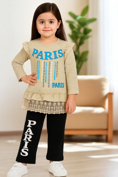 Girls' Paris-Themed Ruffle Top and Pants Set in Soft Slub Jersey