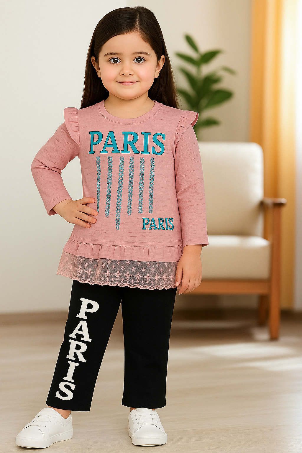 Girls' Paris-Themed Ruffle Top and Pants Set in Soft Slub Jersey