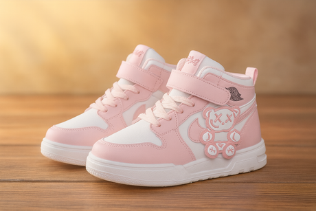 Kids High-Top Sneakers with Cute Bear Patch Stylish Casual Shoes