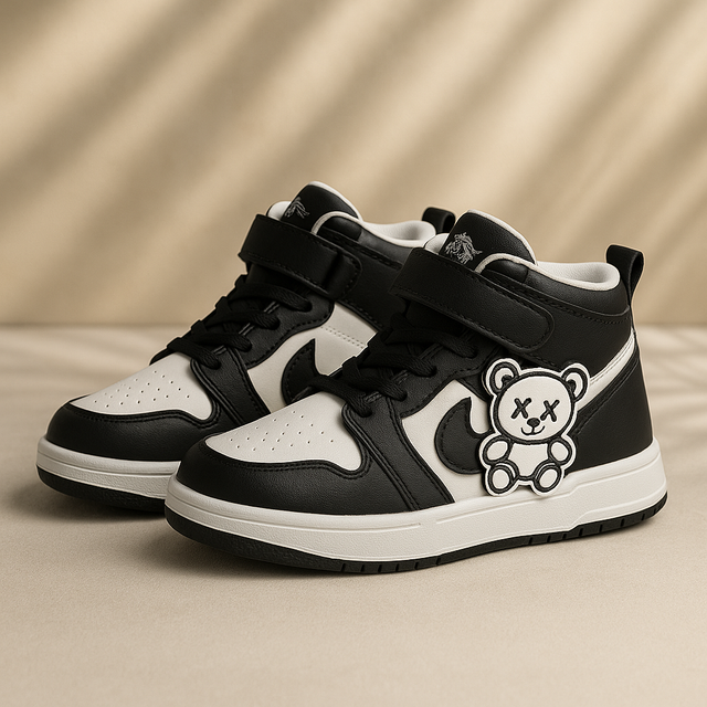 Kids High-Top Sneakers with Cute Bear Patch Stylish Casual Shoes