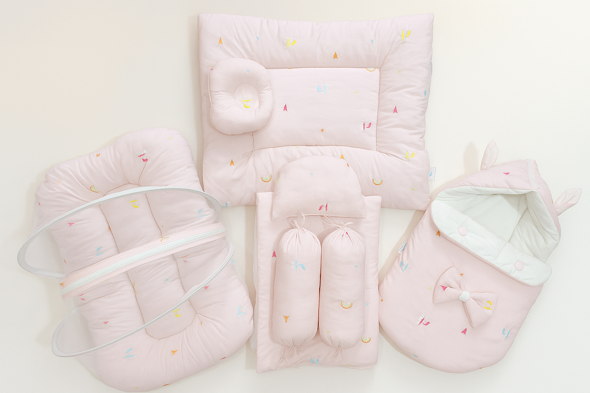 8 Pcs Baby Bedding Set – Cotton Embroidered | Comforter, Mosquito Net, Carry Nest & Pillows