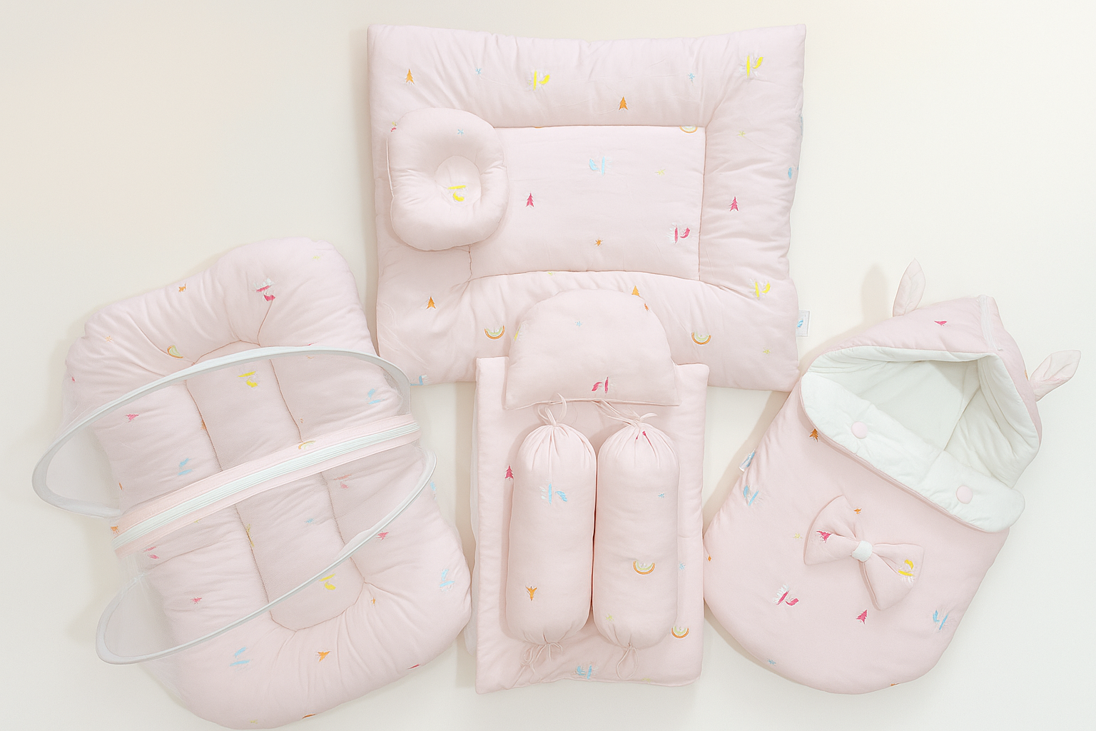 8 Pcs Baby Bedding Set – Cotton Embroidered | Comforter, Mosquito Net, Carry Nest & Pillows