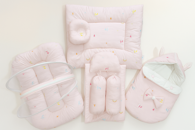 8 Pcs Baby Bedding Set – Cotton Embroidered | Comforter, Mosquito Net, Carry Nest & Pillows