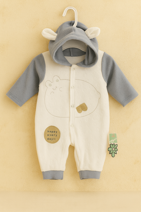 Baby Hooded Romper with Bear Print & Ear Detail