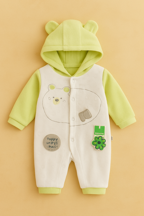 Baby Hooded Romper with Bear Print & Ear Detail