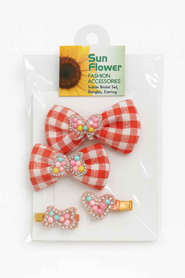 Checkered Bow Hair Clips – Red Gingham & Gem Embellished Set (4pcs)