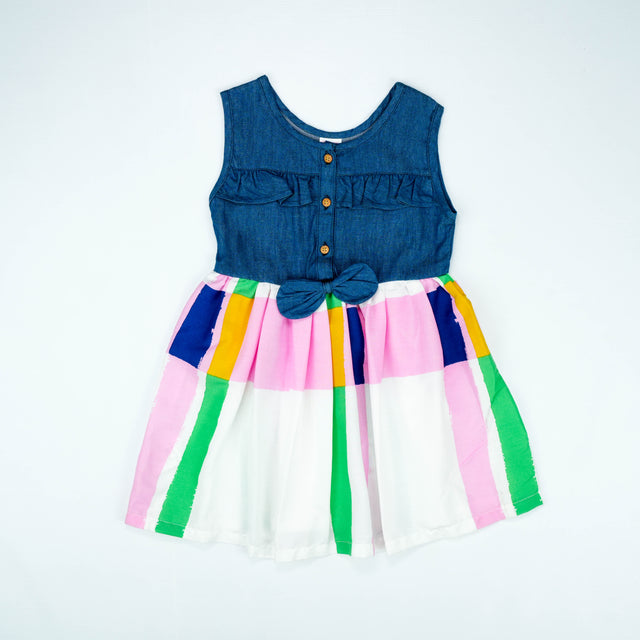 Denim Bodice with Multicolor Striped Skirt Dress