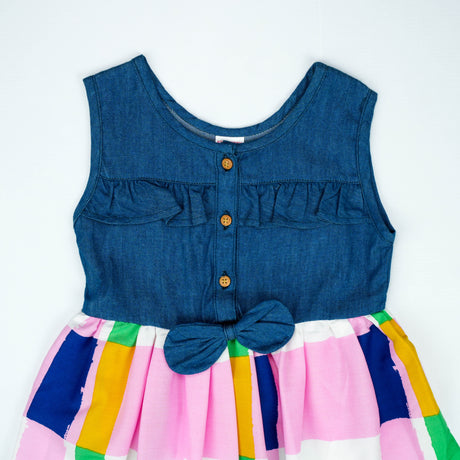 Denim Bodice with Multicolor Striped Skirt Dress