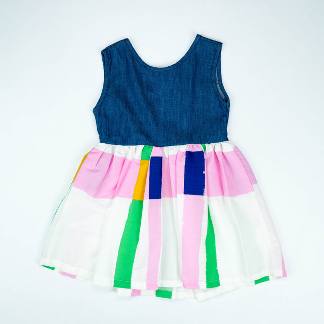 Denim Bodice with Multicolor Striped Skirt Dress