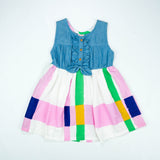 Denim Bodice with Multicolor Striped Skirt Dress