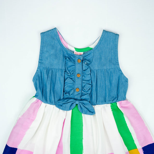 Denim Bodice with Multicolor Striped Skirt Dress