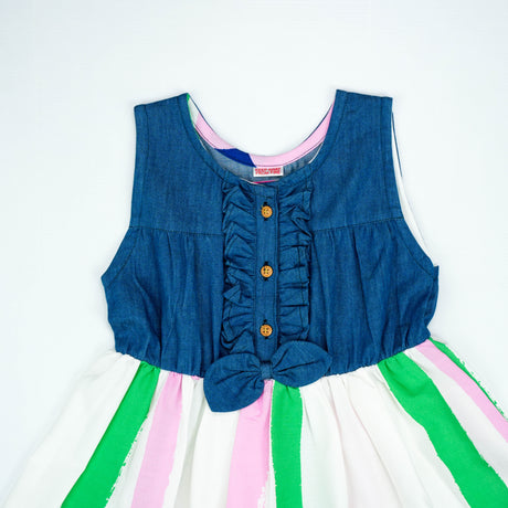 Denim Bodice with Multicolor Striped Skirt Dress