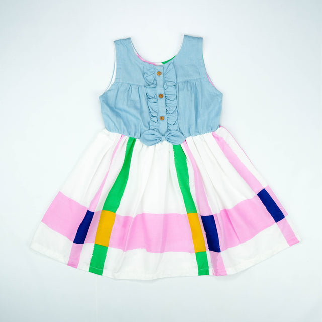 Denim Bodice with Multicolor Striped Skirt Dress