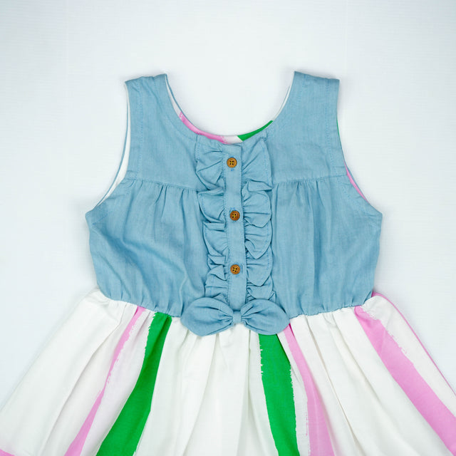 Denim Bodice with Multicolor Striped Skirt Dress