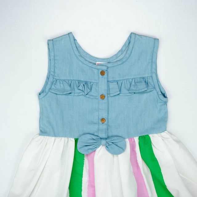 Denim Bodice with Multicolor Striped Skirt Dress