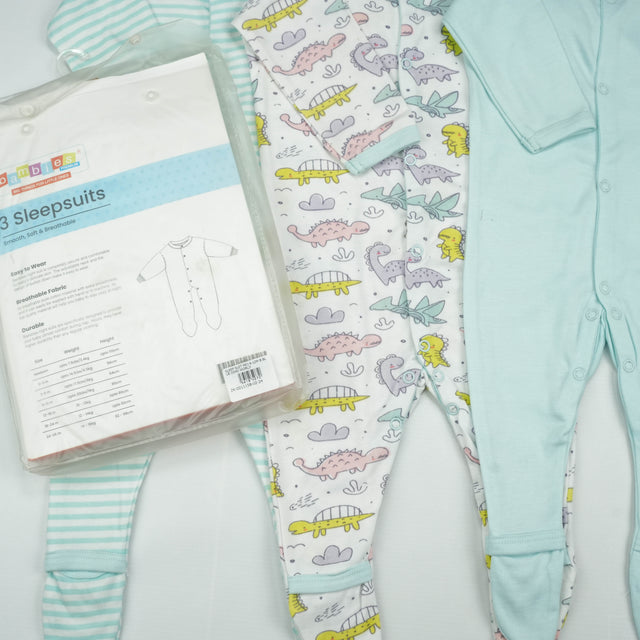 SLEEP SUIT PK3 6-12M B.BLUE DINO WORLD