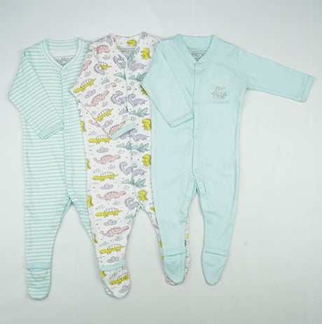 SLEEP SUIT PK3 6-12M B.BLUE DINO WORLD