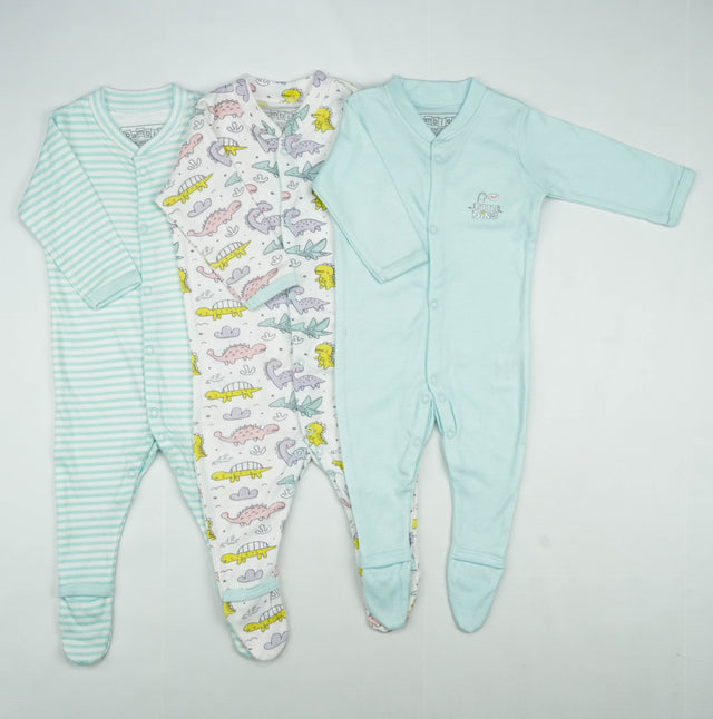 SLEEP SUIT PK3 6-12M B.BLUE DINO WORLD