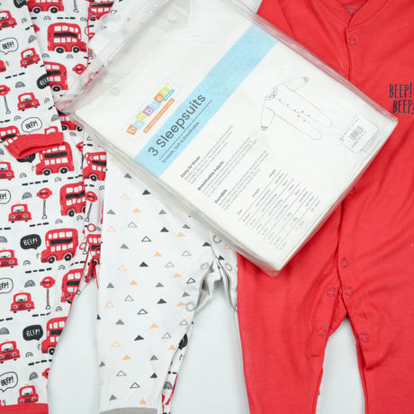 SLEEP SUIT PK3 3-6M RED BUS