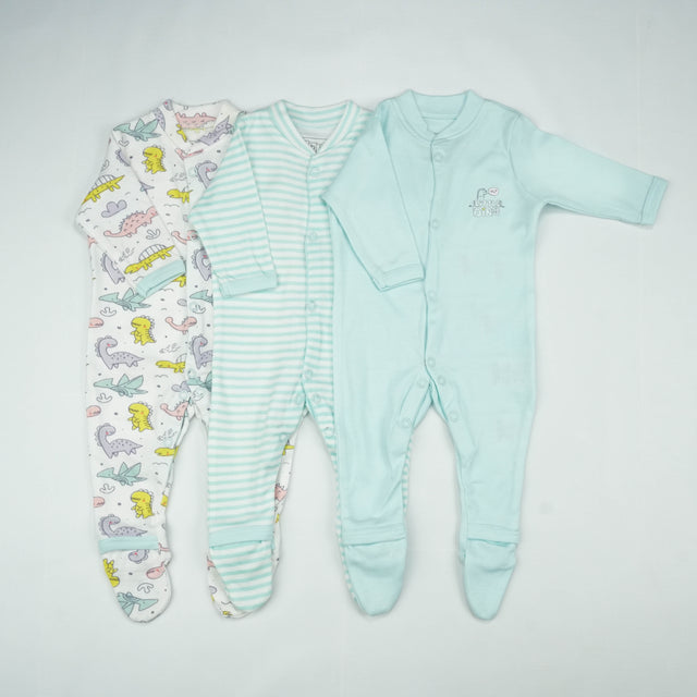 SLEEP SUIT PK3 NB B.BLUE DINO WORLD