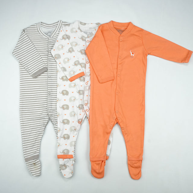 SLEEP SUIT PK3 6-12M PEACH ELEPHANT