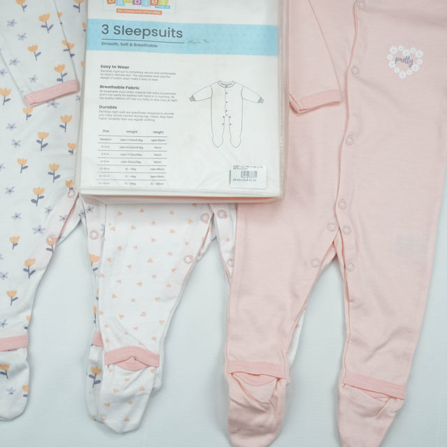 SLEEP SUIT PK3 0-3M LT PINK BLOSSOM