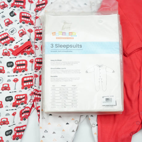 SLEEP SUIT PK3 6-12M RED BUS