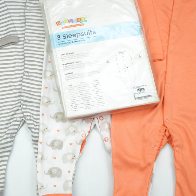 SLEEP SUIT PK3 12-18M PEACH ELEPHANT