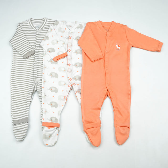 SLEEP SUIT PK3 NB PEACH ELEPHANT