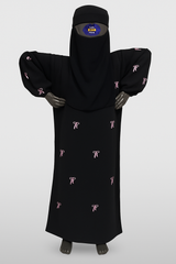 Elegant Black Abaya with Pink Bow Embroidery-Small