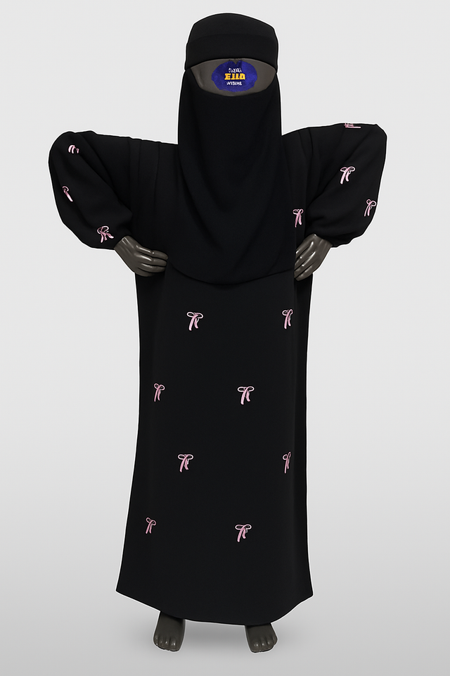 Elegant Black Abaya with Pink Bow Embroidery-Small