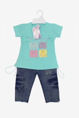 Girls Graphic T-Shirt & Denim Capri Set – Cute Cartoon Print