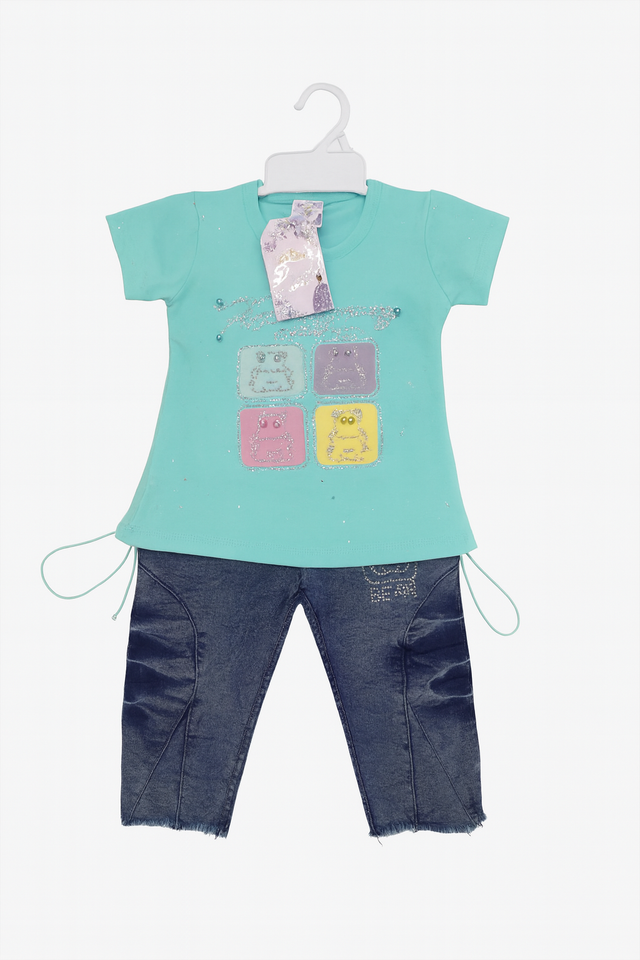 Girls Graphic T-Shirt & Denim Capri Set – Cute Cartoon Print