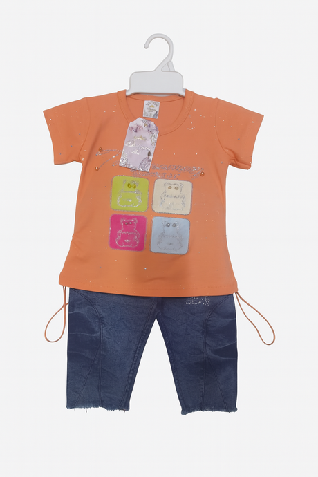 Girls Graphic T-Shirt & Denim Capri Set – Cute Cartoon Print