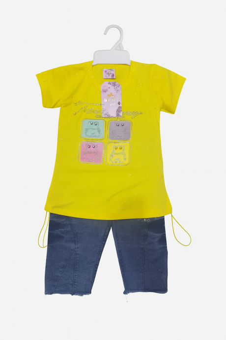 Girls Graphic T-Shirt & Denim Capri Set – Cute Cartoon Print