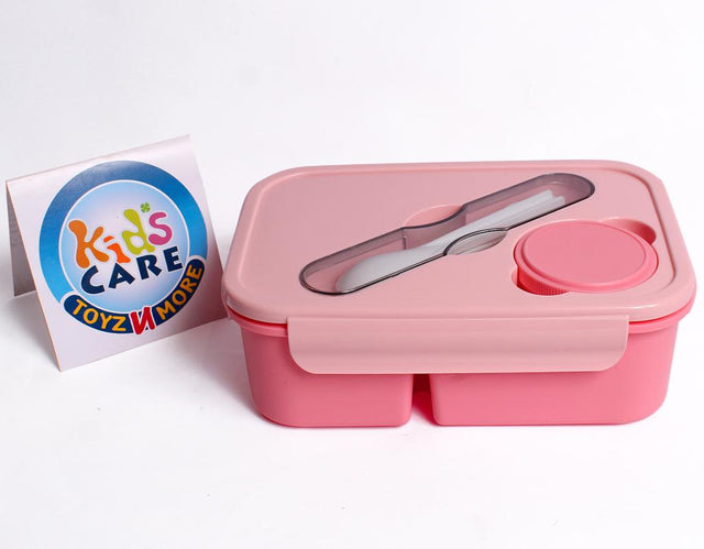 Double Portion Lunch Box With Round Container, Spoon & Fork - Pink (4562)