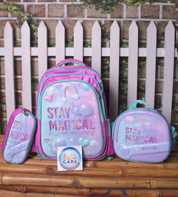 3-in-1 3D School Bag Set - "Stay Magical" - Grade 3 & 4 - Pink - Insulated Lunch Bag & Stationery Pouch (3008)