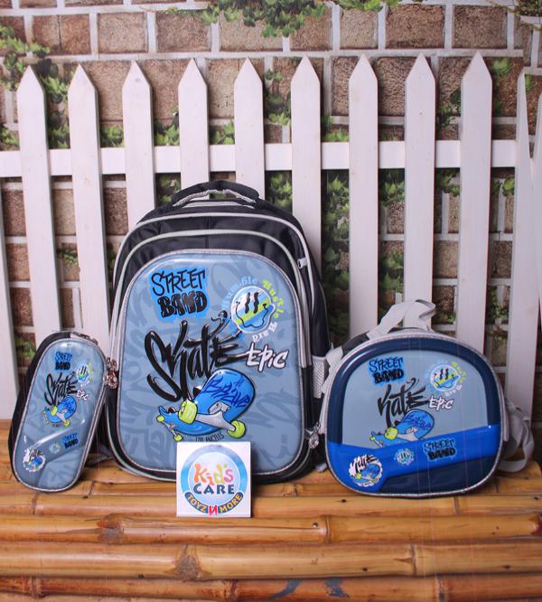 3-in-1 3D School Bag Set - "Street Band Skate Epic" - Grade 3 & 4 - Black - Insulated Lunch Bag & Stationery Pouch (3008)