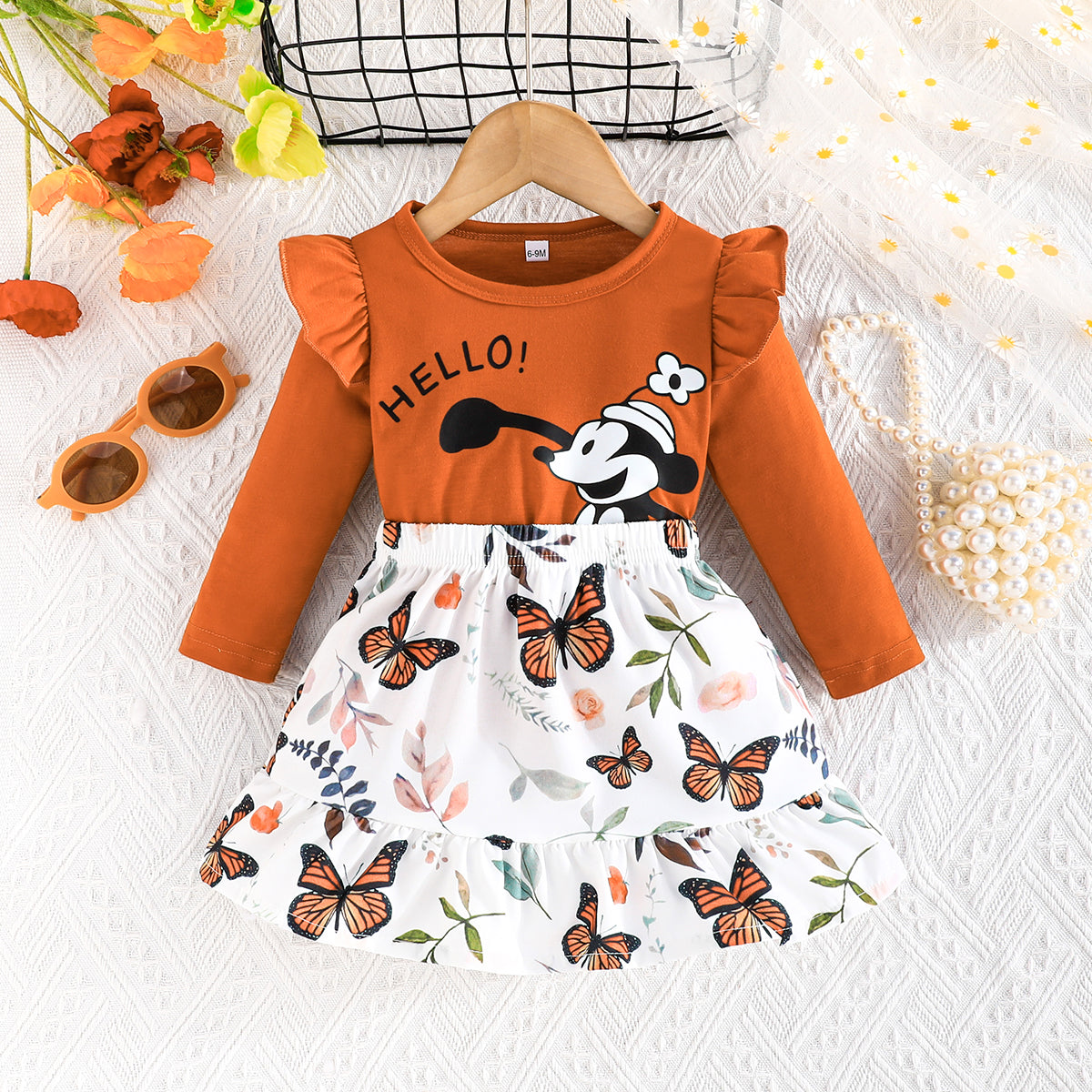 Cartoon Butterfly Girls' Two-Piece Set - Casual Top & Skirt